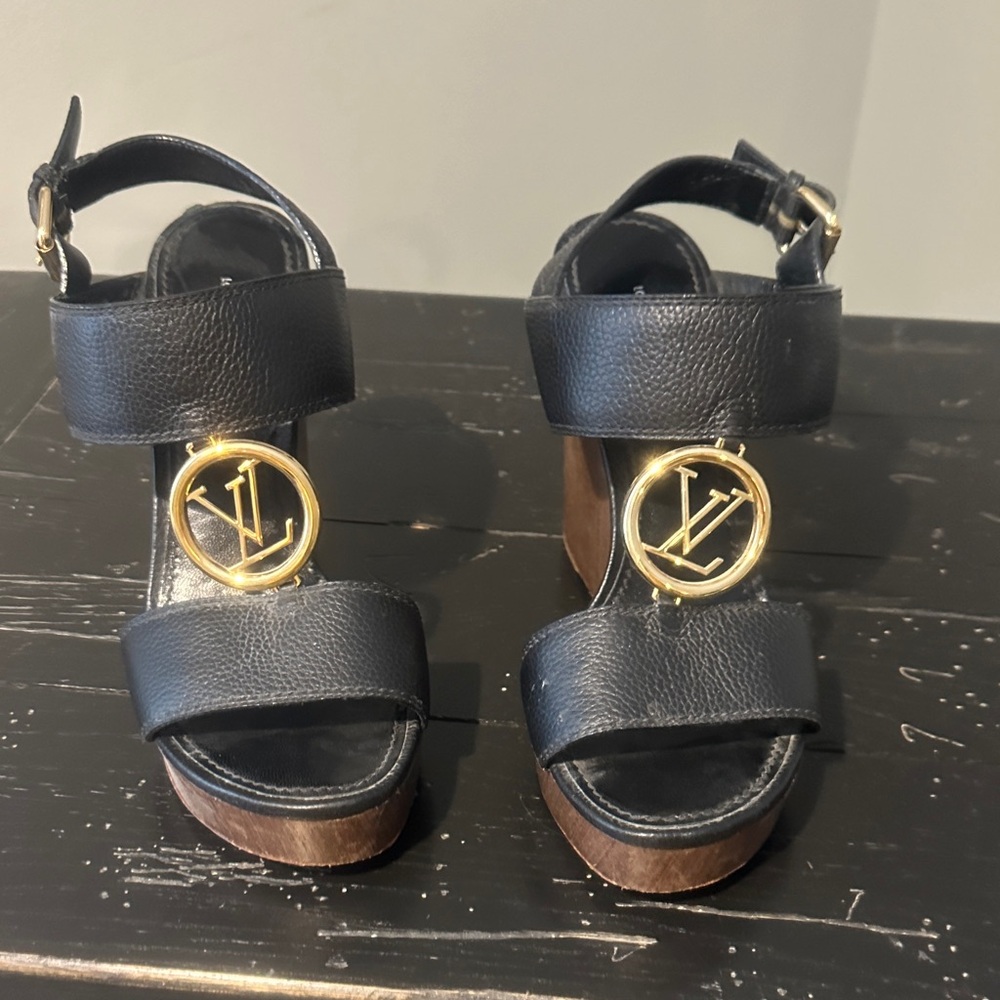 Louis Vuitton Black Heels with Gold Logo